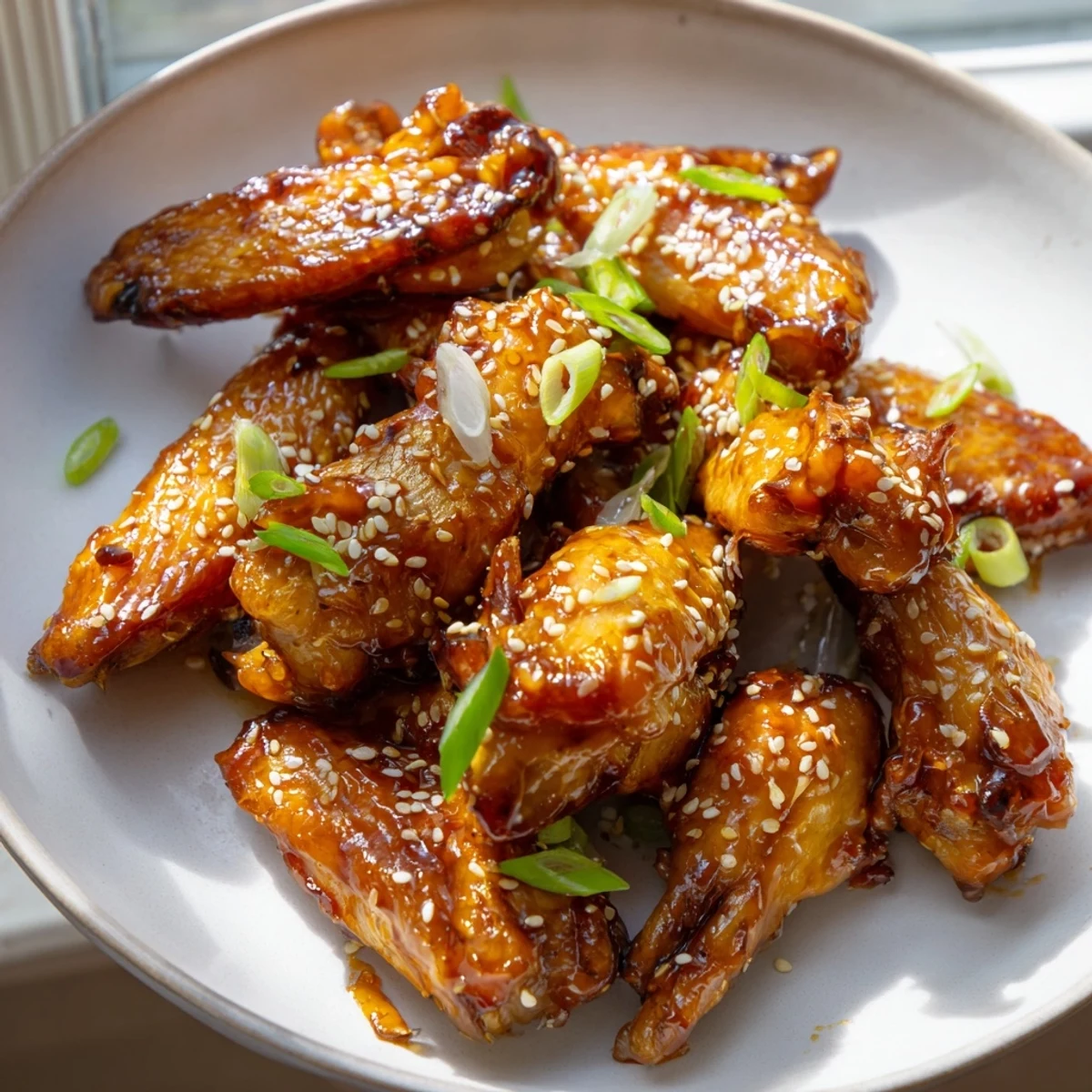 Golden miso honey marinated chicken wings piled on a platter with sliced green onions