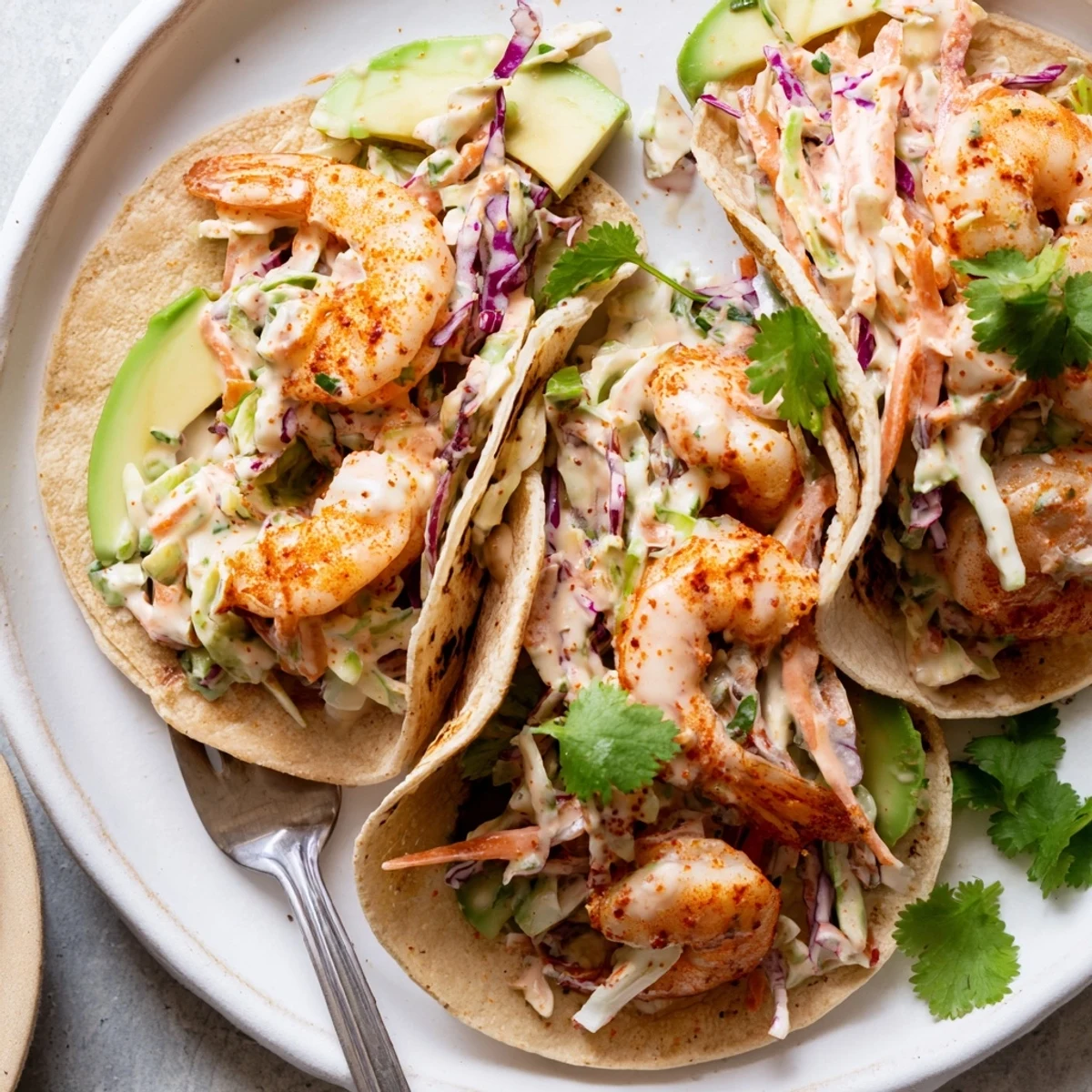 Spicy shrimp tacos with garlic cilantro lime slaw on warm corn tortillas.