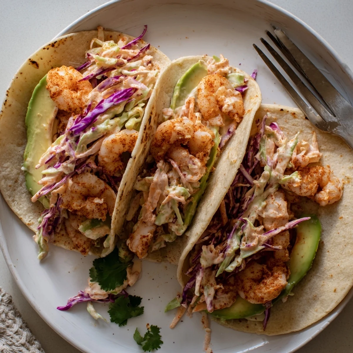 Golden seared spicy shrimp tacos topped with creamy, zesty cabbage slaw.