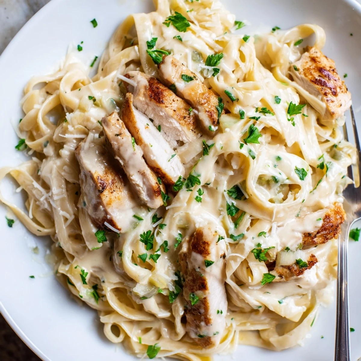Creamy garlic Parmesan chicken pasta coated in velvety sauce on a white plate
