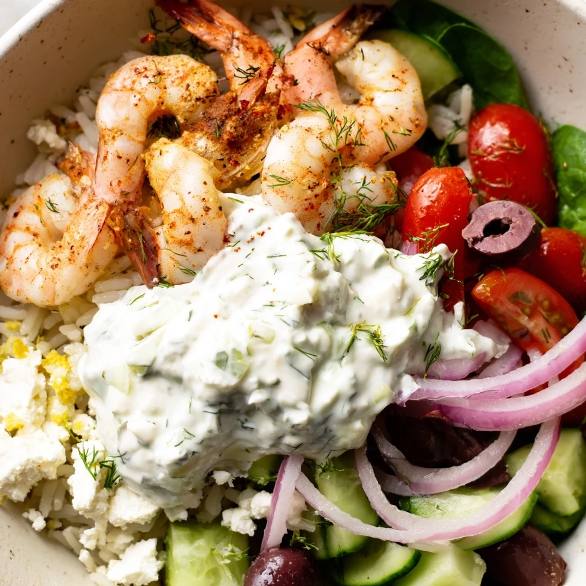 Colorful Greek Shrimp Mediterranean Bowl with tender shrimp, fresh vegetables, and creamy tzatziki sauce