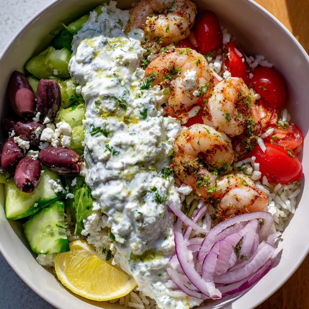Golden pan-seared shrimp nestled over lemony rice in a vibrant Greek Shrimp Mediterranean Bowl