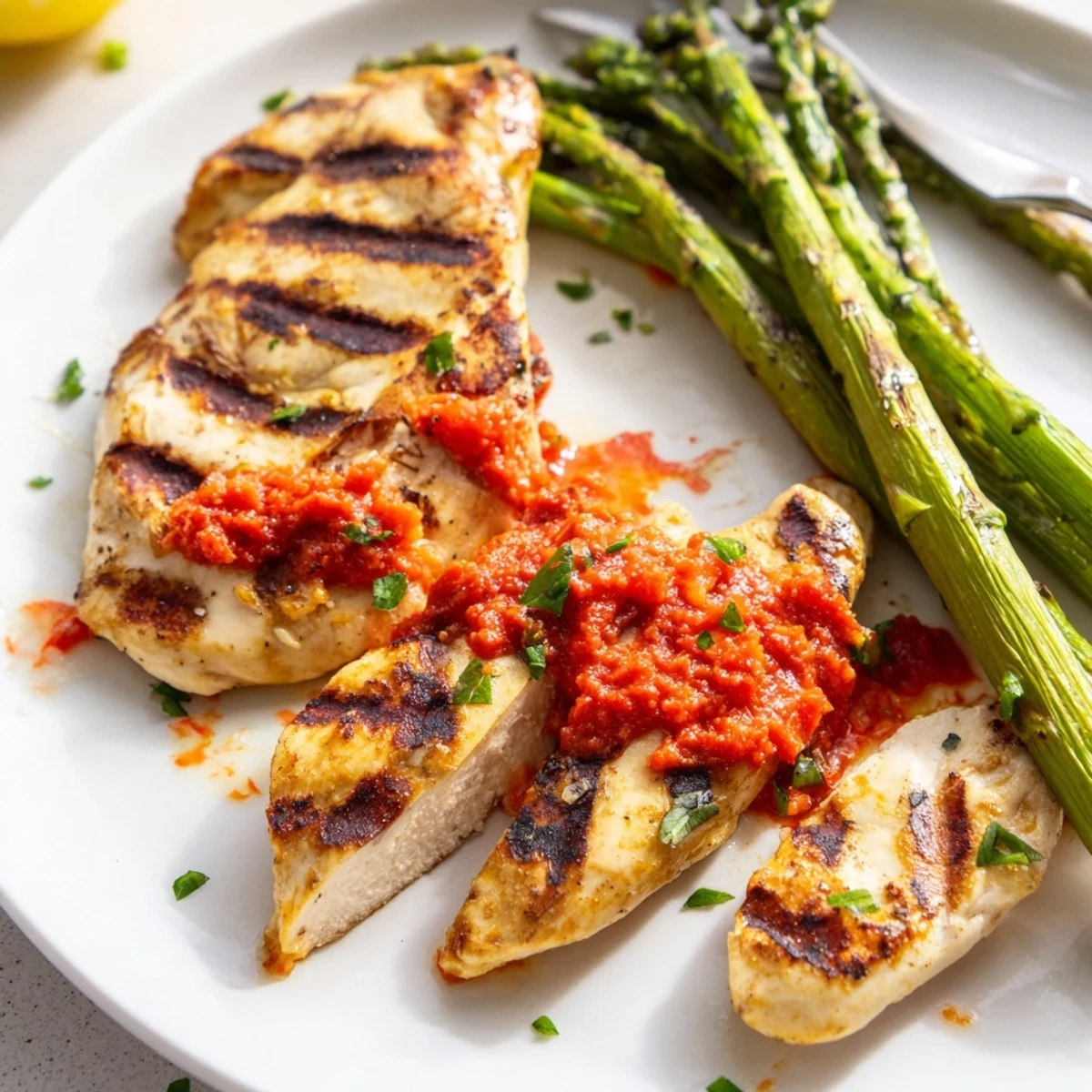 Juicy grilled asparagus chicken with Calabrian chili sauce drizzled over charred spears on a rustic plate