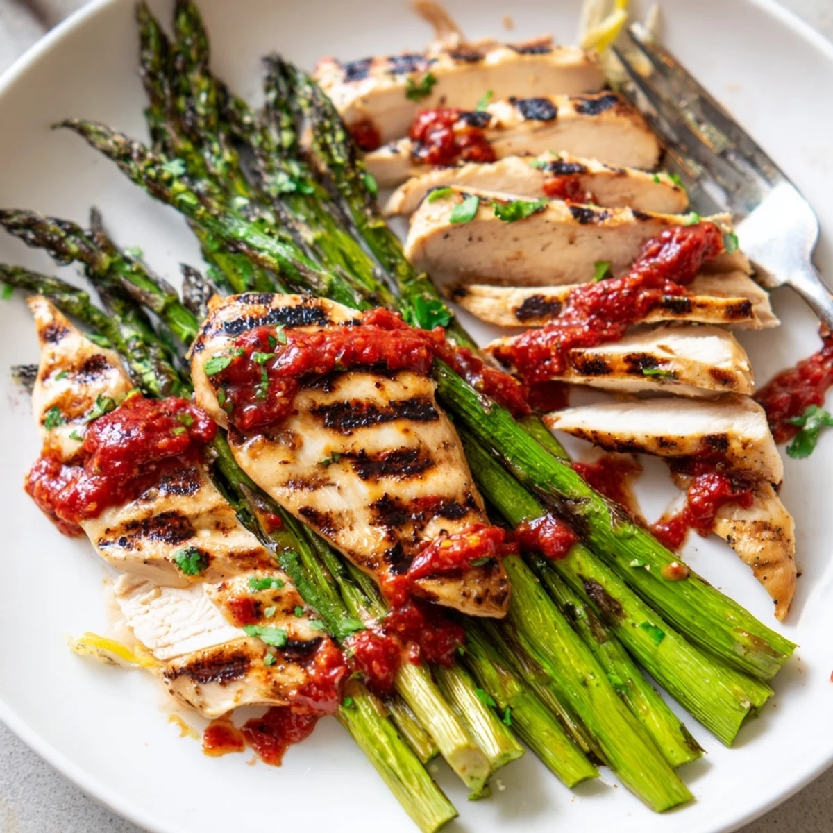 Grilled asparagus chicken with Calabrian chili sauce served alongside smoky tender vegetables and fresh parsley