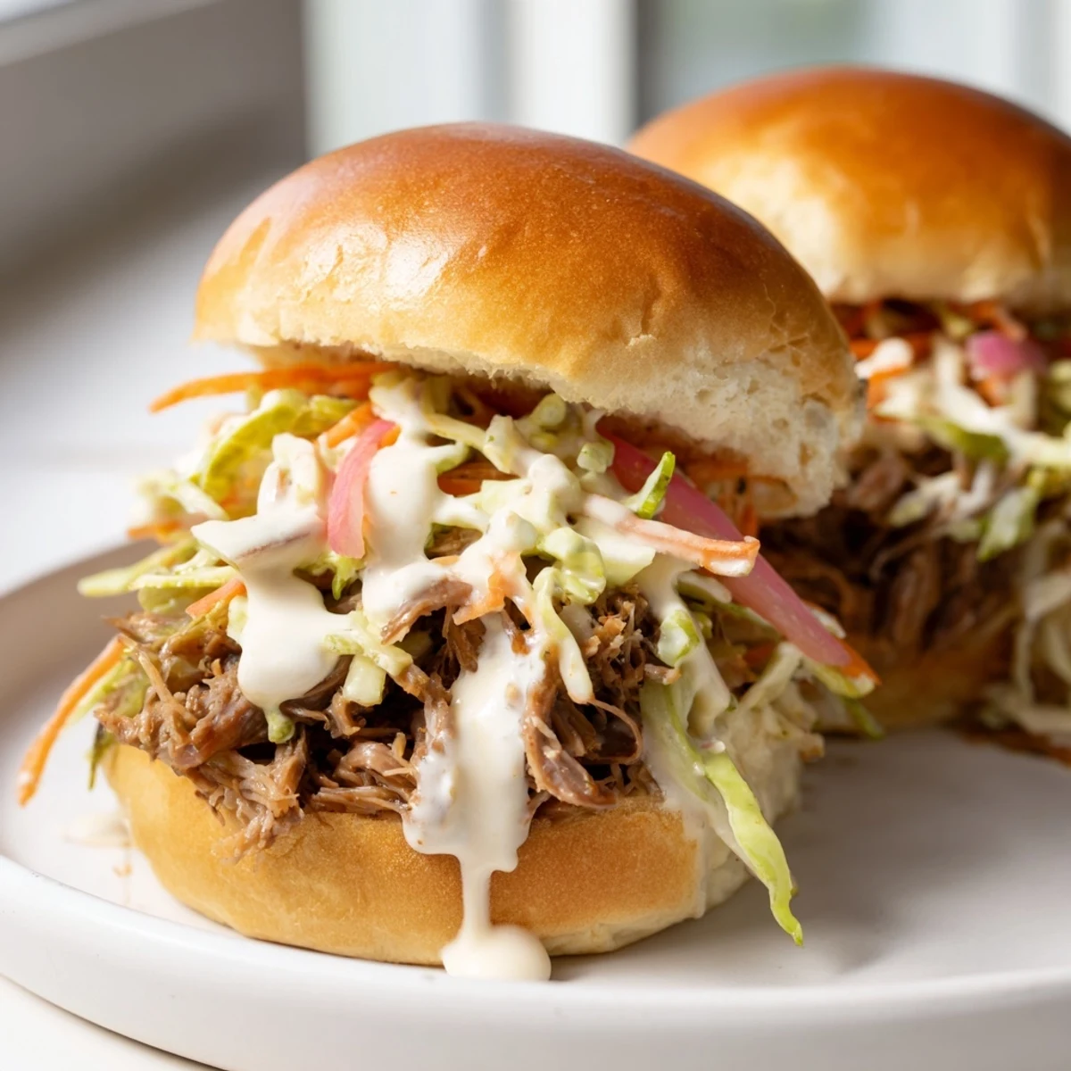 Tender shredded lamb coated in tangy Alabama white sauce served on toasted slider buns