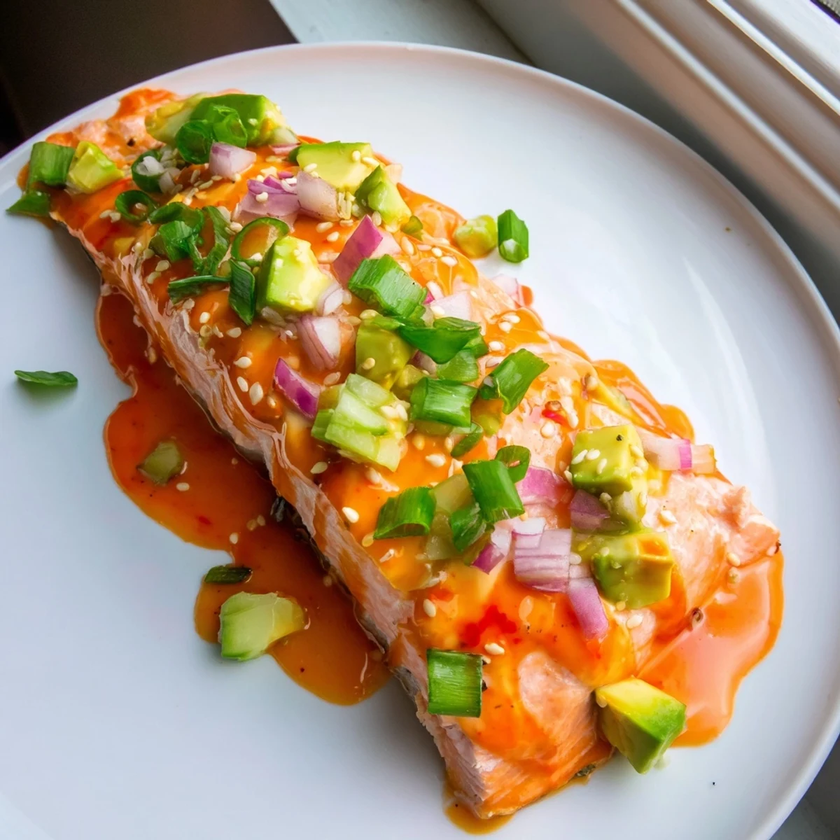 Crispy baked Bang Bang salmon drizzled with spicy sauce and fresh avocado cucumber salsa