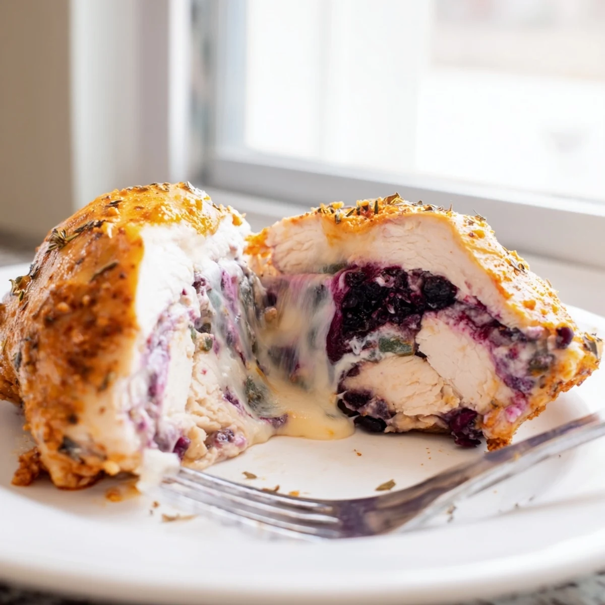 Juicy blackberry jalapeno stuffed chicken fresh from oven with bubbling melted cheese filling