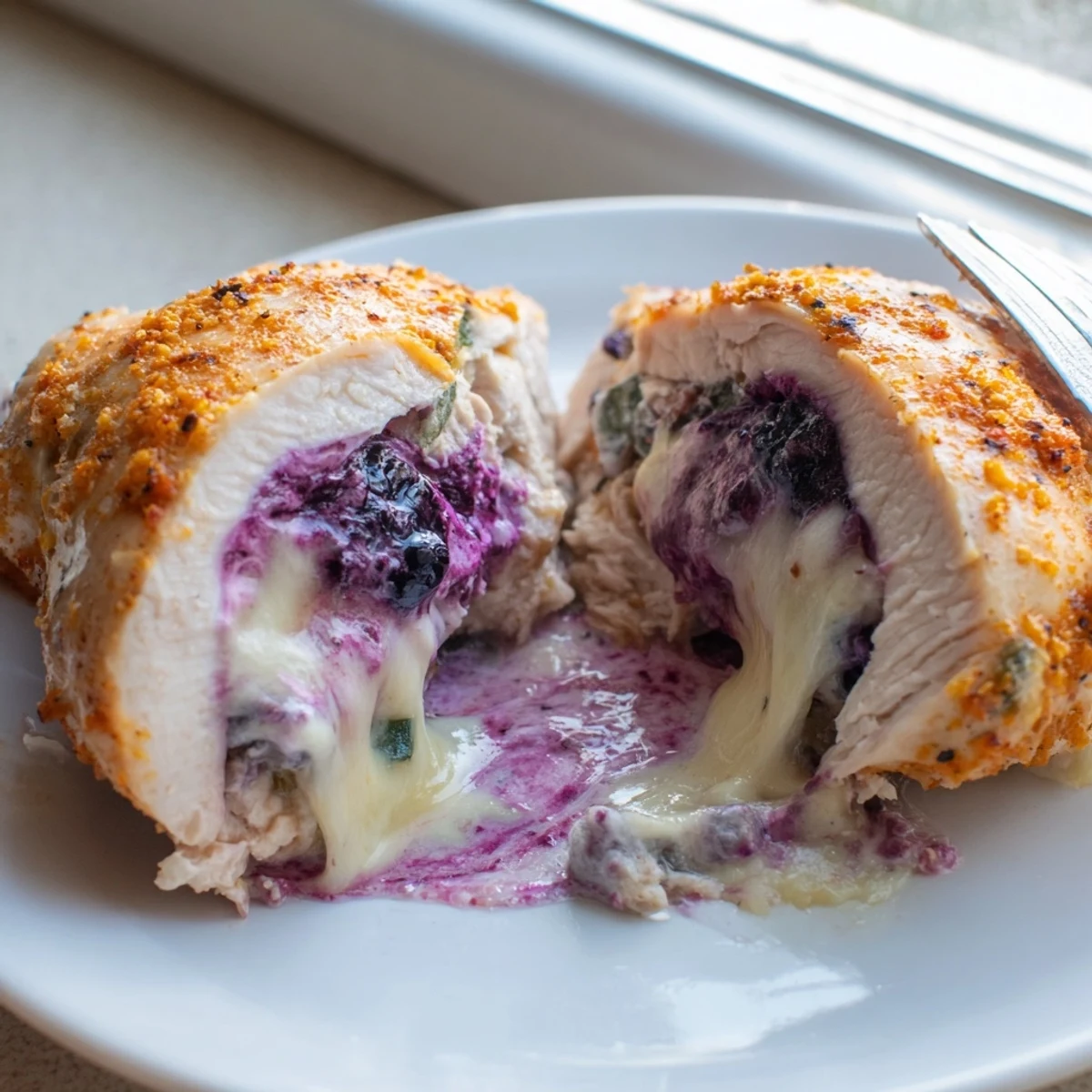 Golden baked blackberry jalapeno stuffed chicken sliced open revealing creamy purple berry filling