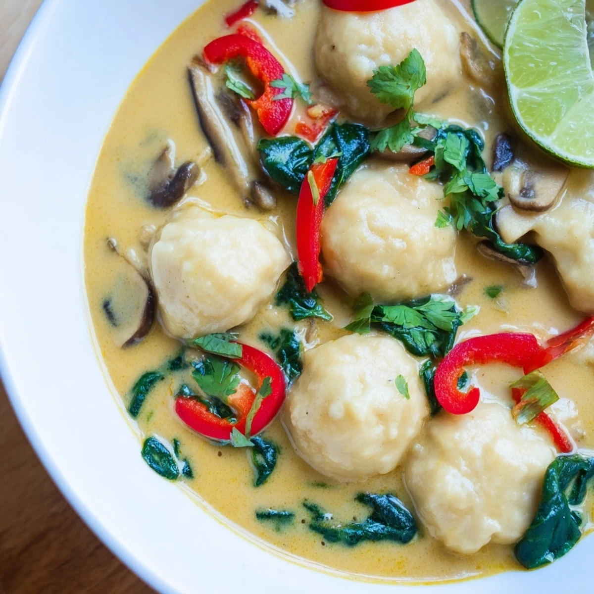 Steaming bowl of Creamy Thai Dumpling Soup with golden coconut broth and fresh cilantro