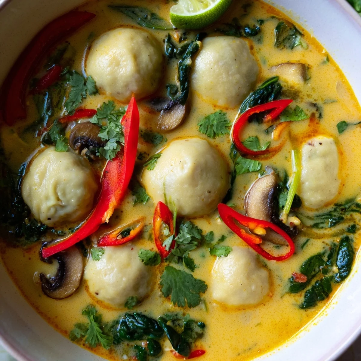Creamy Thai Dumpling Soup featuring plump dumplings, sliced shiitake mushrooms, and vibrant red bell pepper