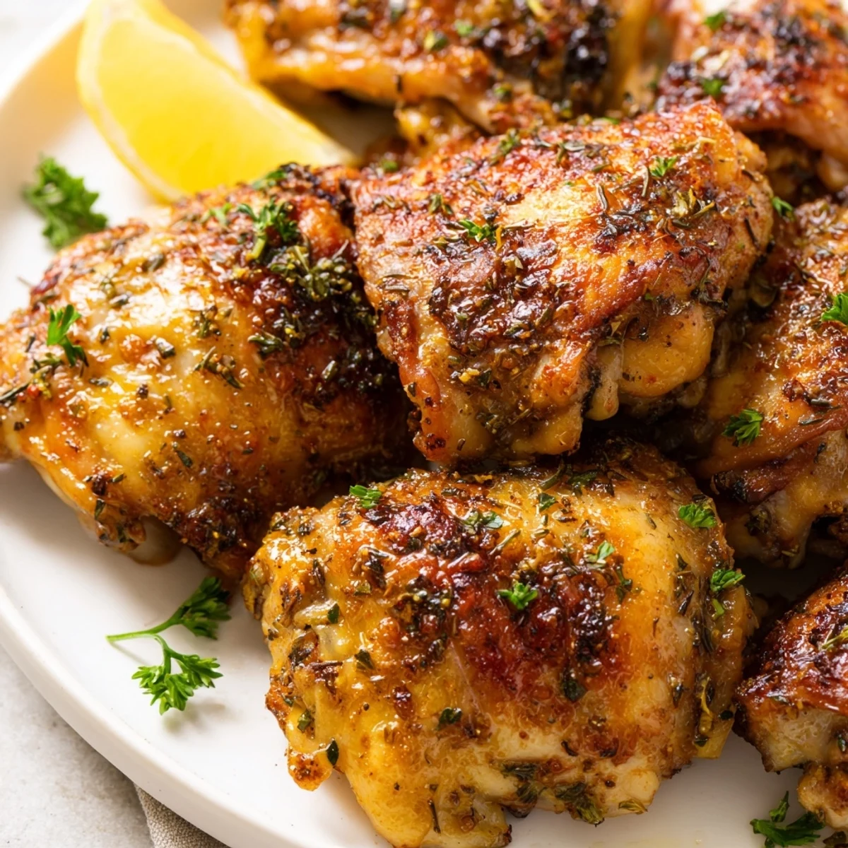 Golden crispy oven baked chicken thighs with herb seasoning on a parchment-lined baking sheet