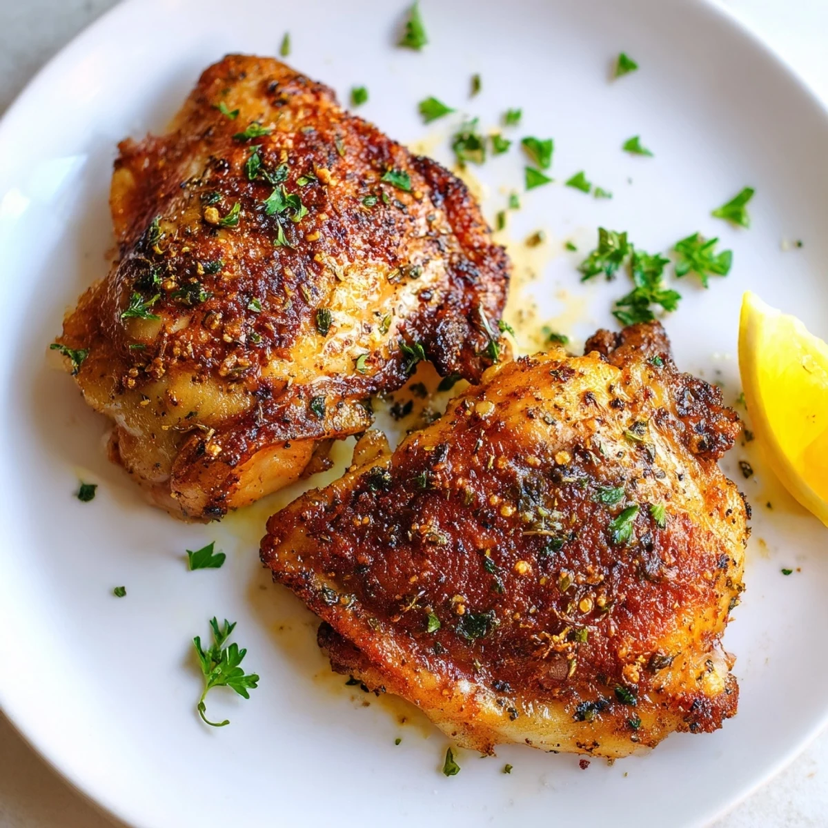 Juicy oven baked chicken thighs garnished with fresh parsley and served with lemon wedges