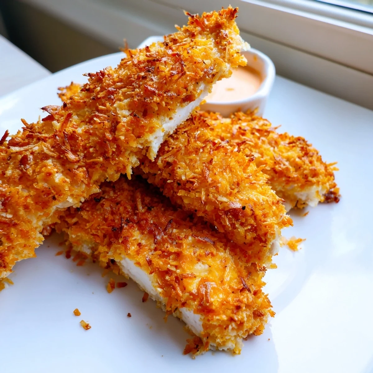 Golden crunchy coconut chicken strips fresh from the skillet, steaming and ready to dip