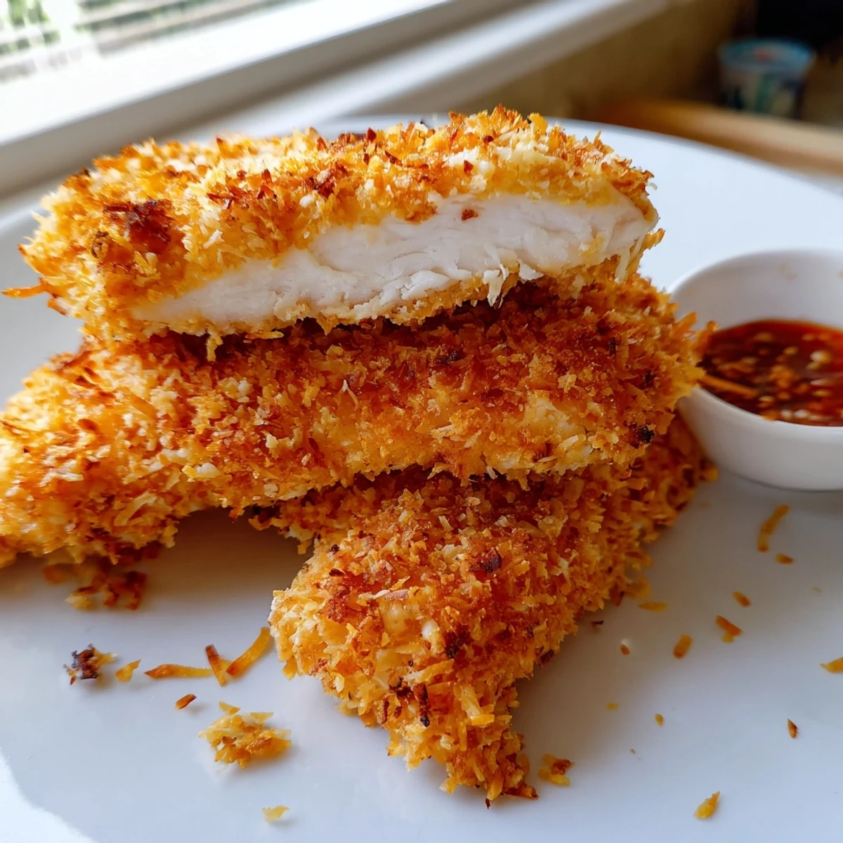 Crispy crunchy coconut chicken on a platter alongside sweet chili dipping sauce bowls