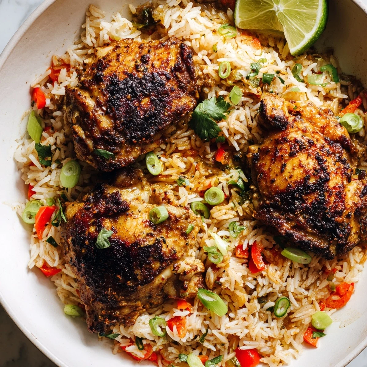 Golden jerk chicken thighs nestled in fragrant coconut rice with colorful bell peppers