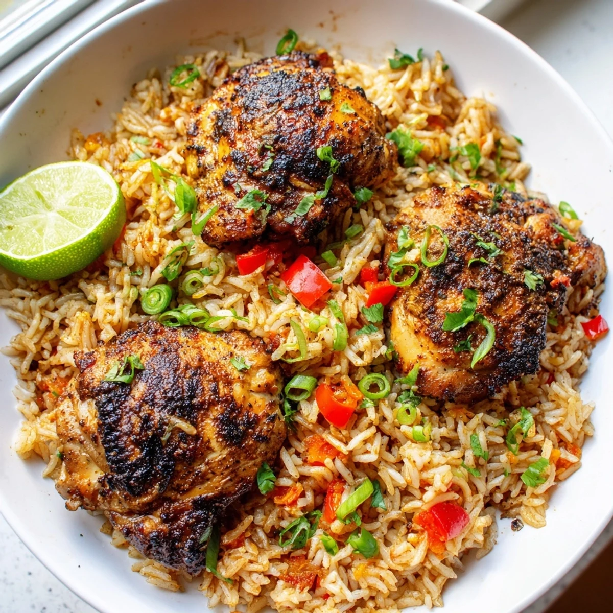 Tender jerk-spiced chicken served over fluffy aromatic rice garnished with fresh lime wedges