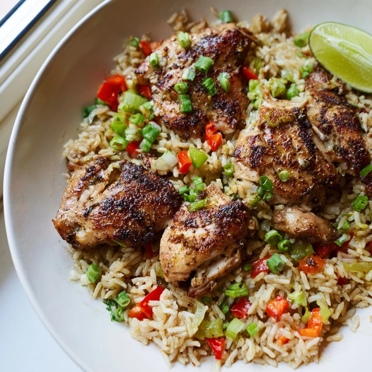 Spicy jerk chicken rice steaming in a rich Caribbean coconut broth with herbs