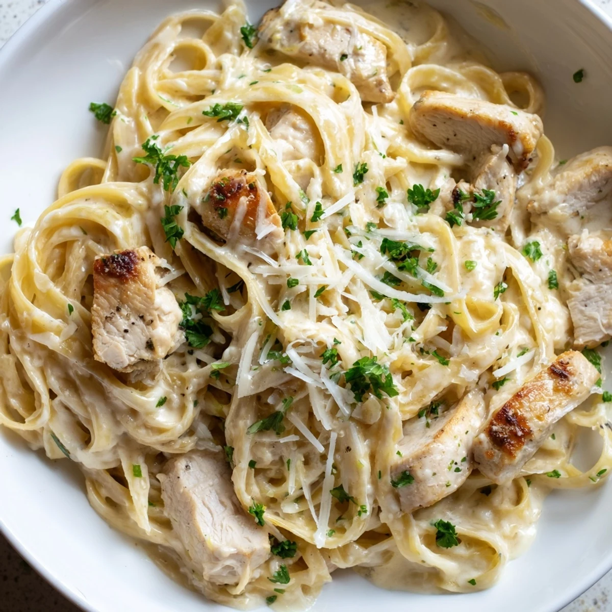 Creamy garlic Parmesan chicken pasta tossed in a rich, velvety white sauce with tender seared chicken strips