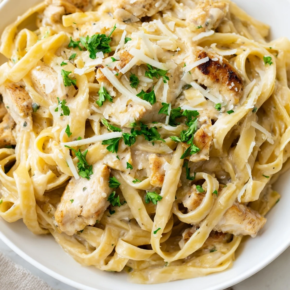 Golden brown chicken pieces nestled in creamy garlic Parmesan chicken pasta sprinkled with fresh parsley garnish