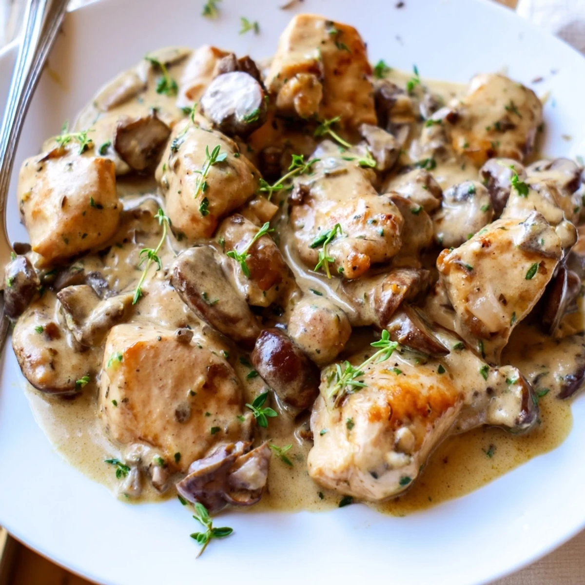 Creamy mushroom chicken with golden crispy herb potatoes on a rustic plate