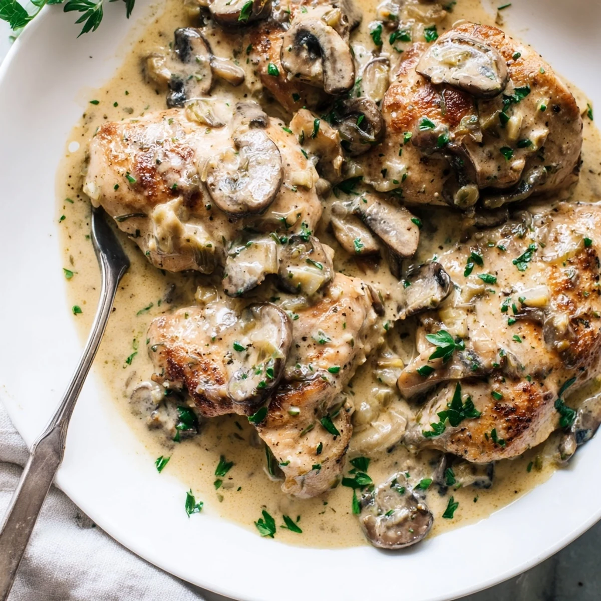 Juicy seared chicken smothered in creamy mushroom sauce beside roasted herb potatoes