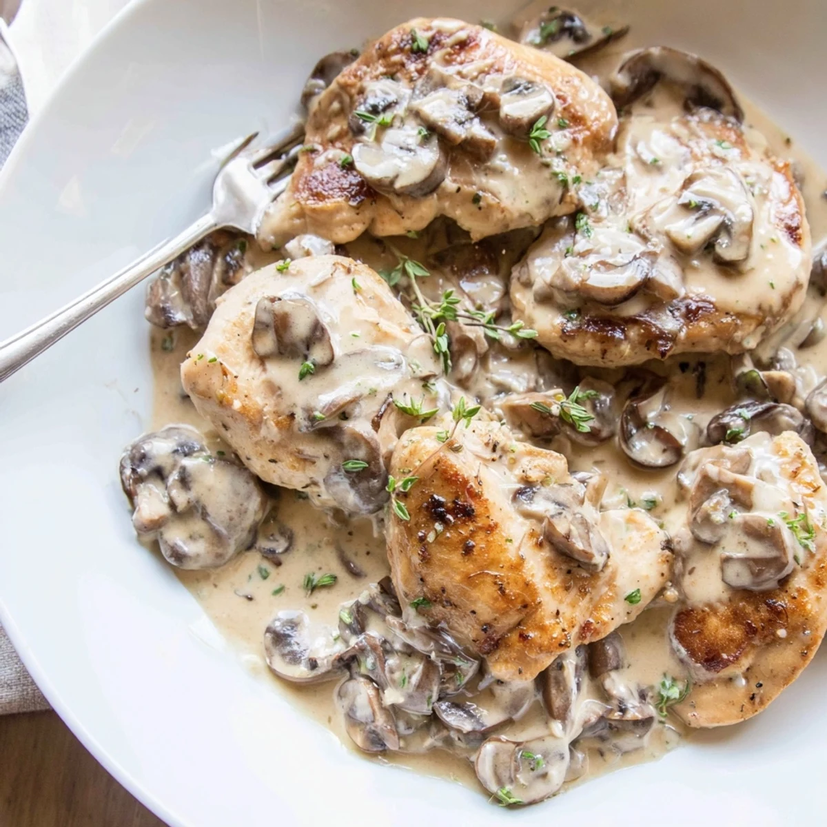 Tender creamy mushroom chicken in rich garlic sauce with crispy golden potatoes