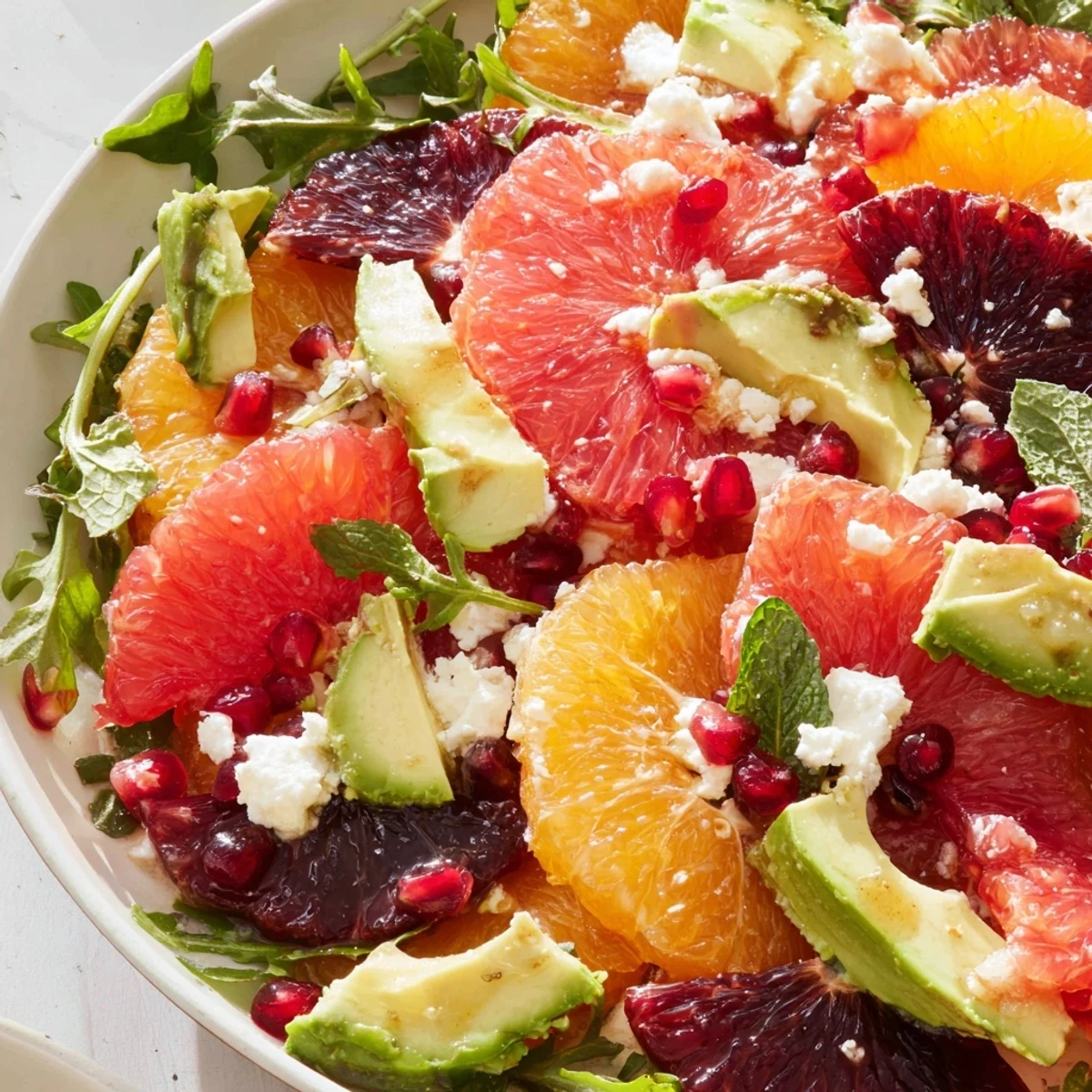 Bright citrus salad with pomegranate arils, creamy avocado, and crumbled feta on a platter