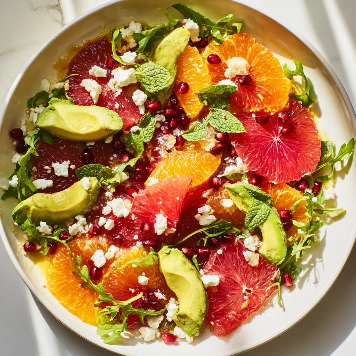 Citrus salad with pomegranate jewels drizzled with olive oil dressing and fresh mint