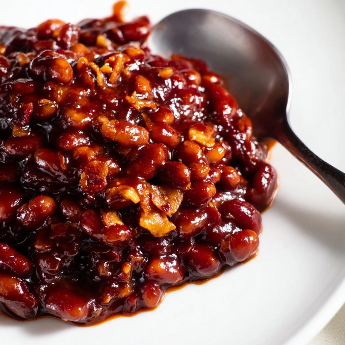 A steaming bowl of quick barbecued beans with a thick, glossy, sweet-smoky sauce
