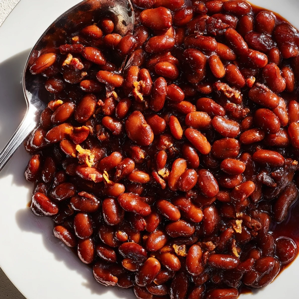 Quick barbecued beans topped with crispy bacon bits in a cast iron skillet