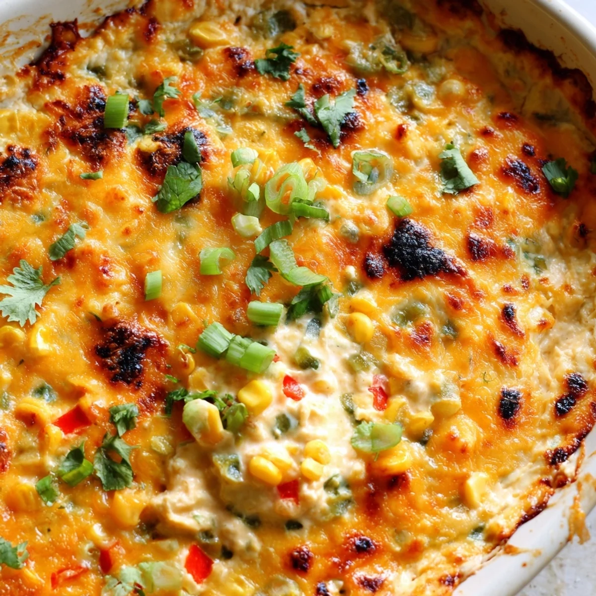 Golden bubbling baked creamy corn jalapeño dip served warm with crispy tortilla chips nearby