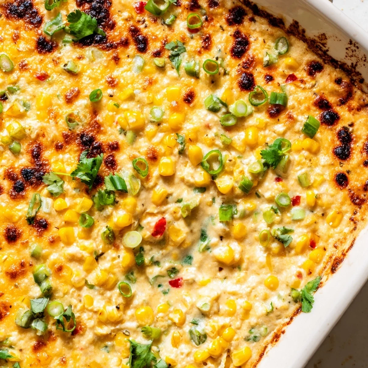 Creamy baked corn jalapeño dip topped with fresh cilantro in a rustic baking dish