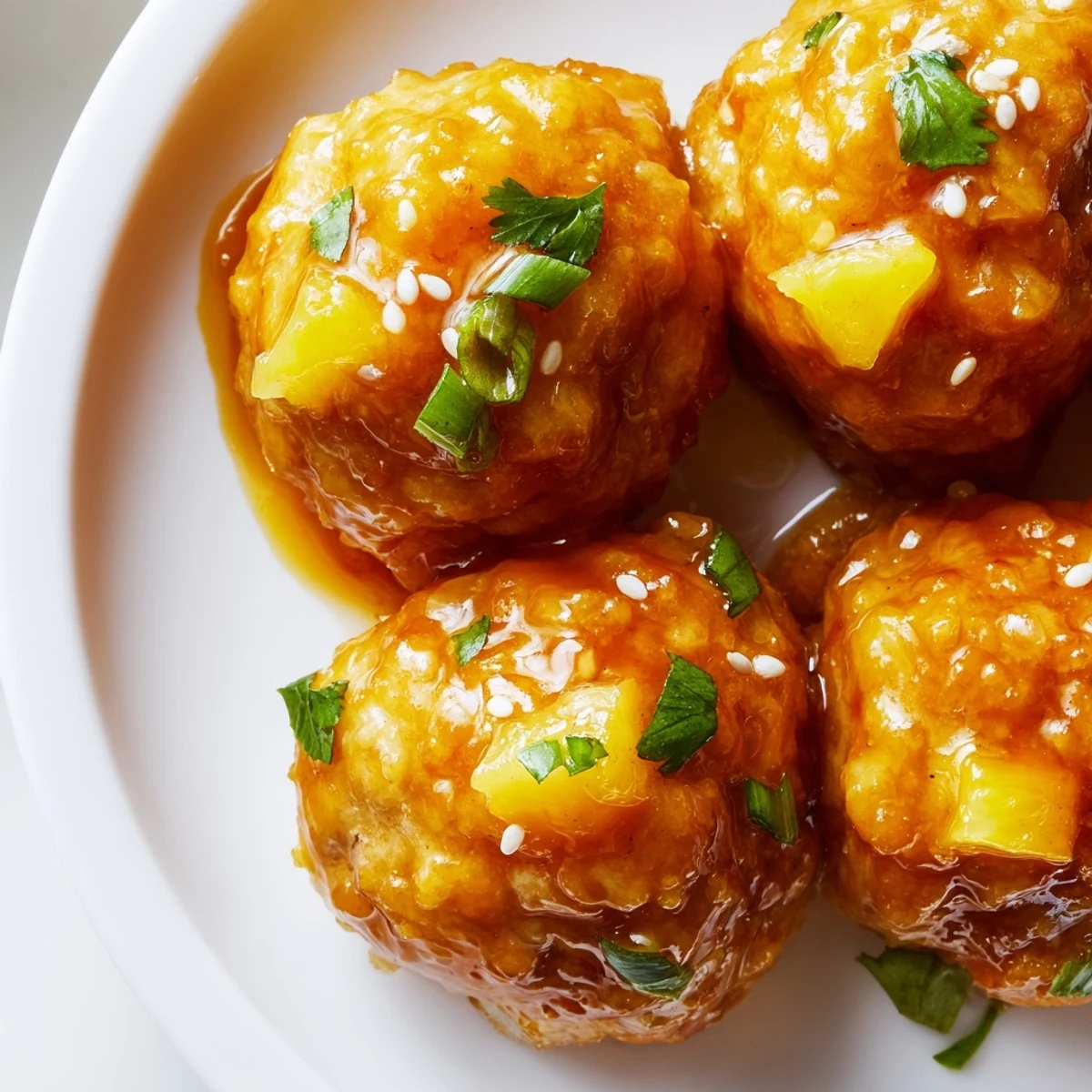 Golden sweet pineapple chicken meatballs glistening with glossy tangy sauce on a white platter