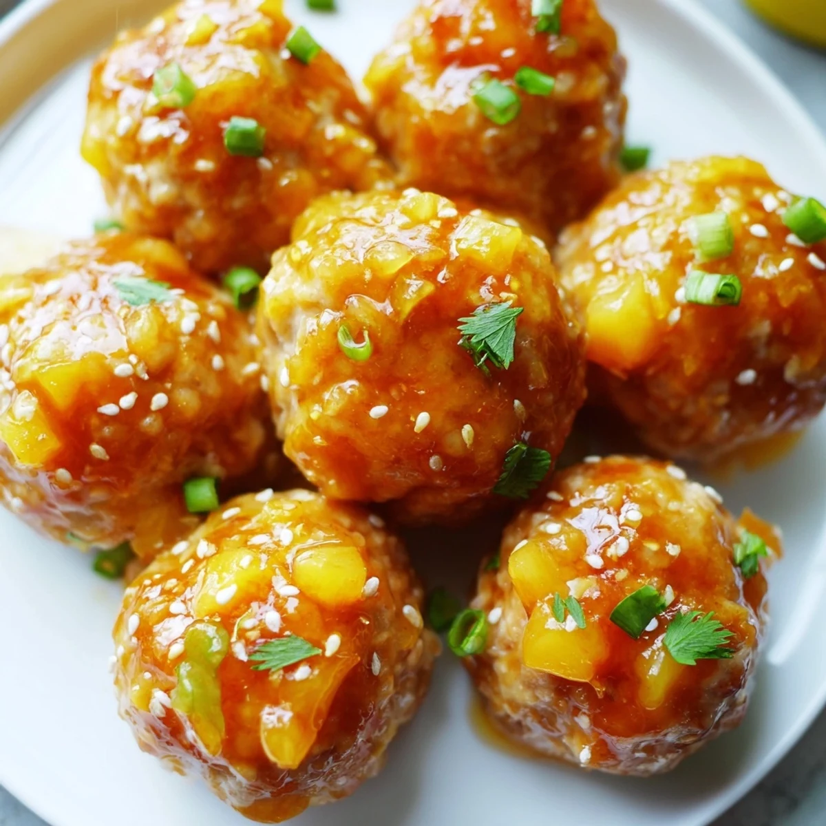 Crispy baked sweet pineapple chicken meatballs drizzled in sticky caramelized pineapple glaze with sesame seeds