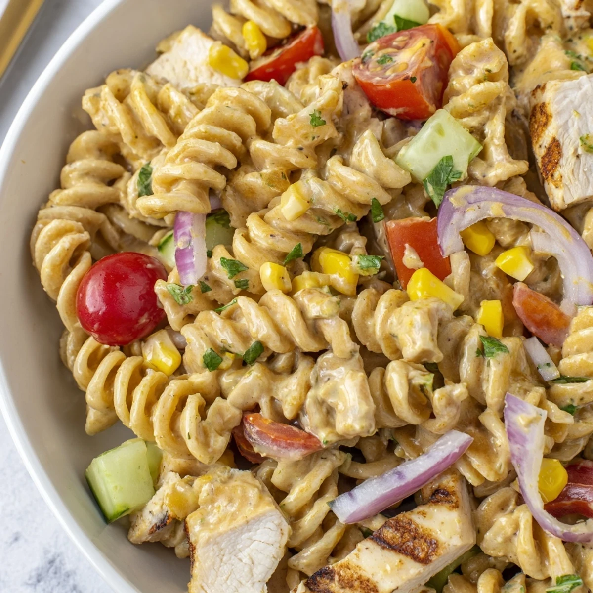 Colorful honey mustard chicken pasta salad tossed with crisp vegetables in a creamy bowl
