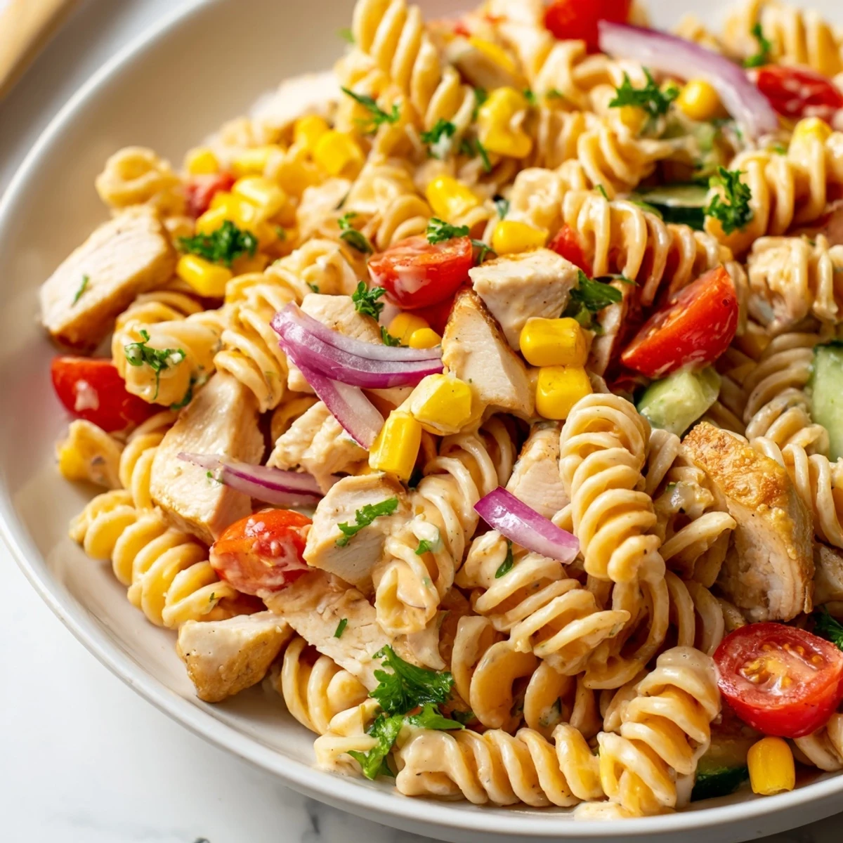 Honey mustard chicken pasta salad served chilled with juicy sliced chicken and fresh parsley