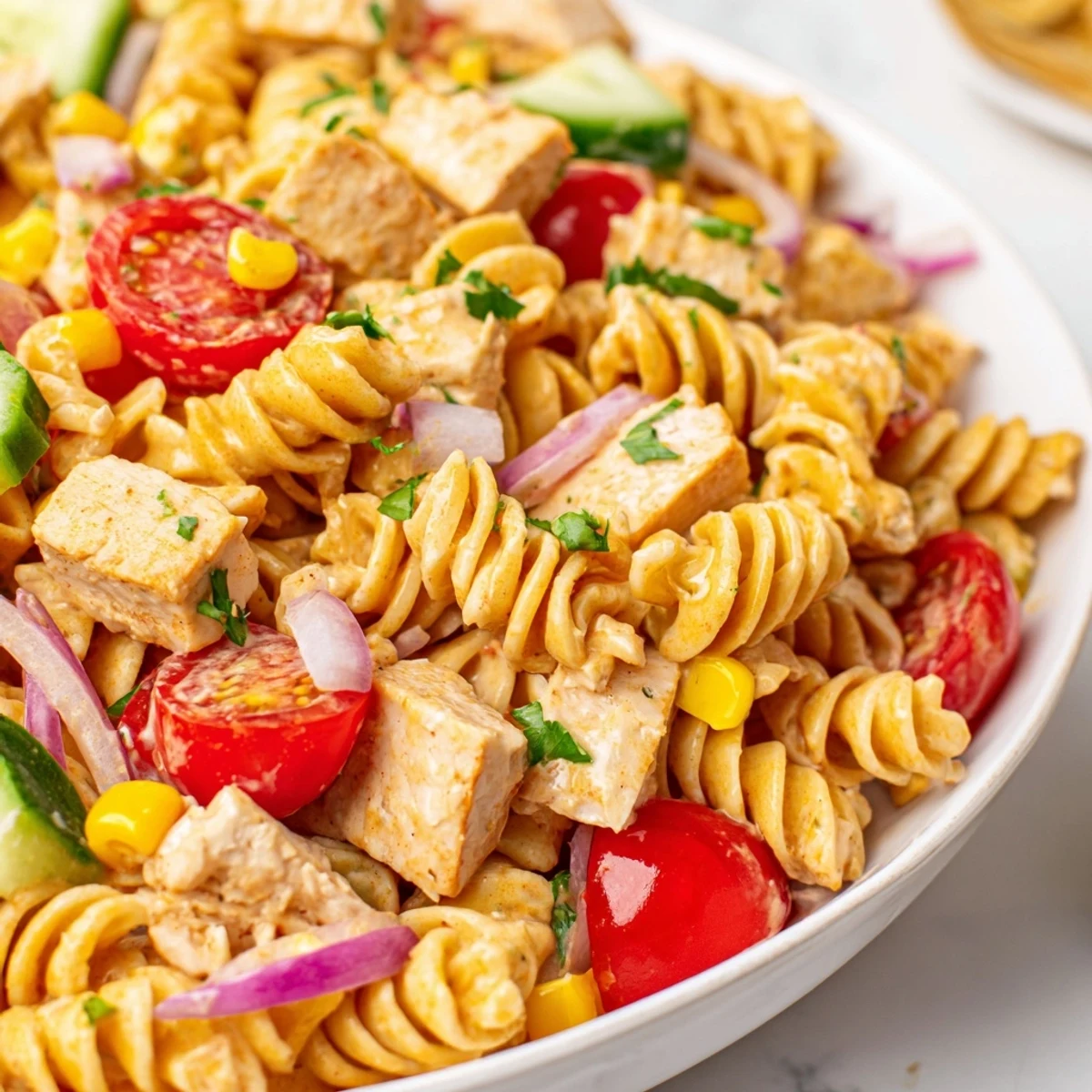 Close-up of honey mustard chicken pasta salad glistening with tangy dressing alongside ripe cherry tomatoes
