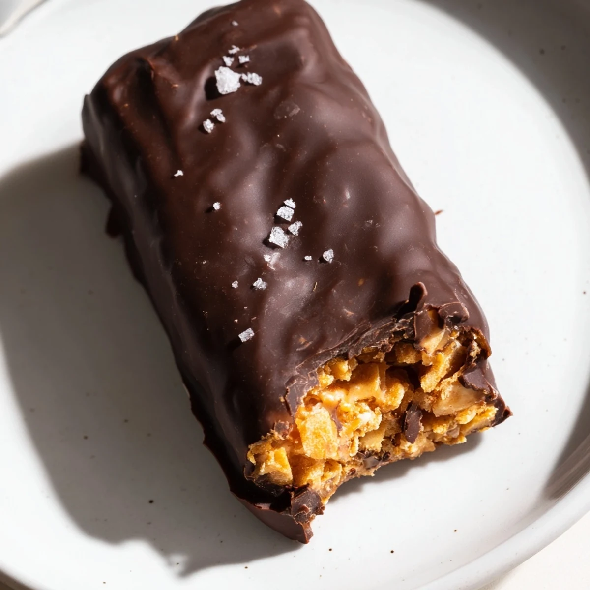 Healthy Homemade Butterfingers bars dipped in glossy dark chocolate on a parchment-lined plate