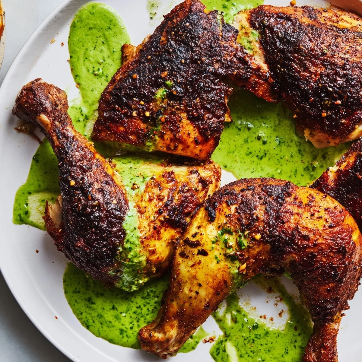 Golden Peruvian Chicken Delight with crispy herb-marinated skin and vibrant green sauce