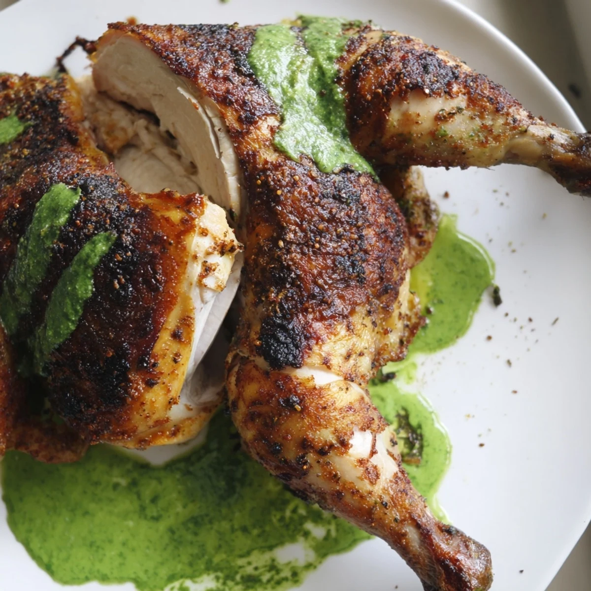 Juicy sliced Peruvian Chicken Delight plated alongside roasted potatoes and creamy aji verde