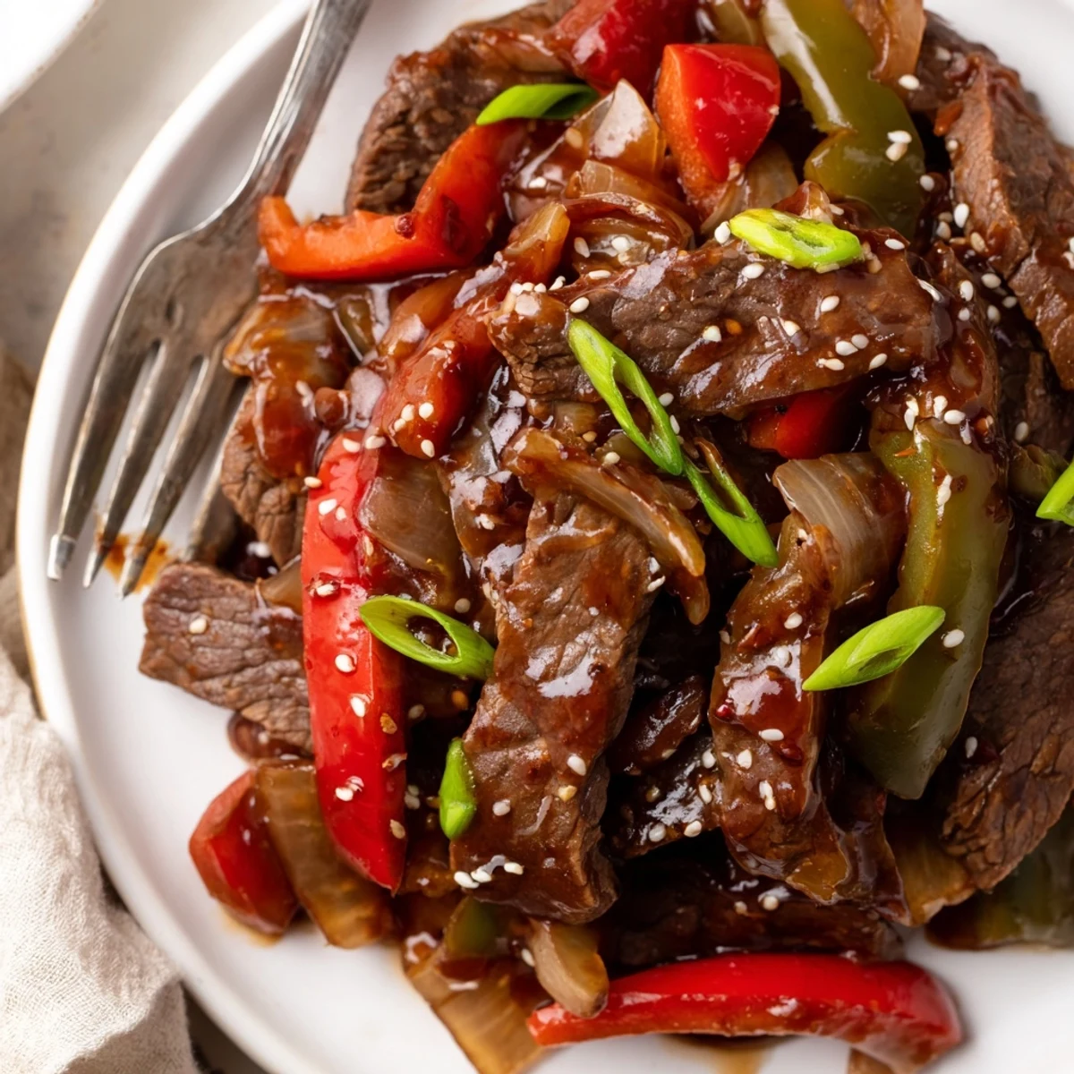 Tender slow cooker pepper steak with colorful bell peppers in a rich, savory brown sauce.