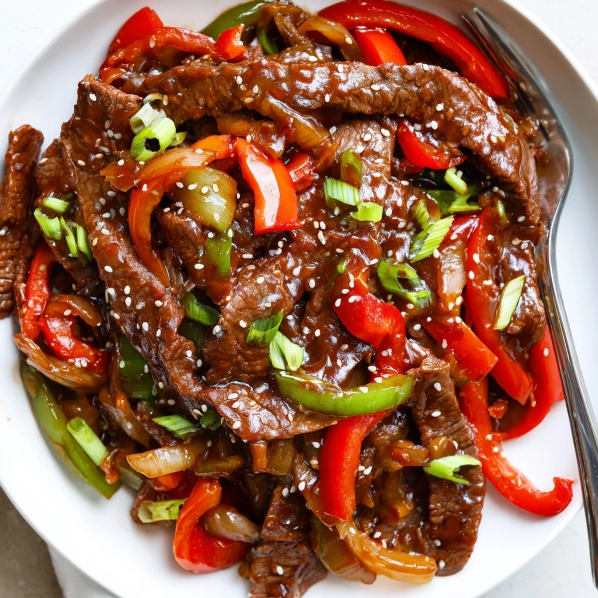 Slow cooker pepper steak served over steamed white rice and sprinkled with sesame seeds.
