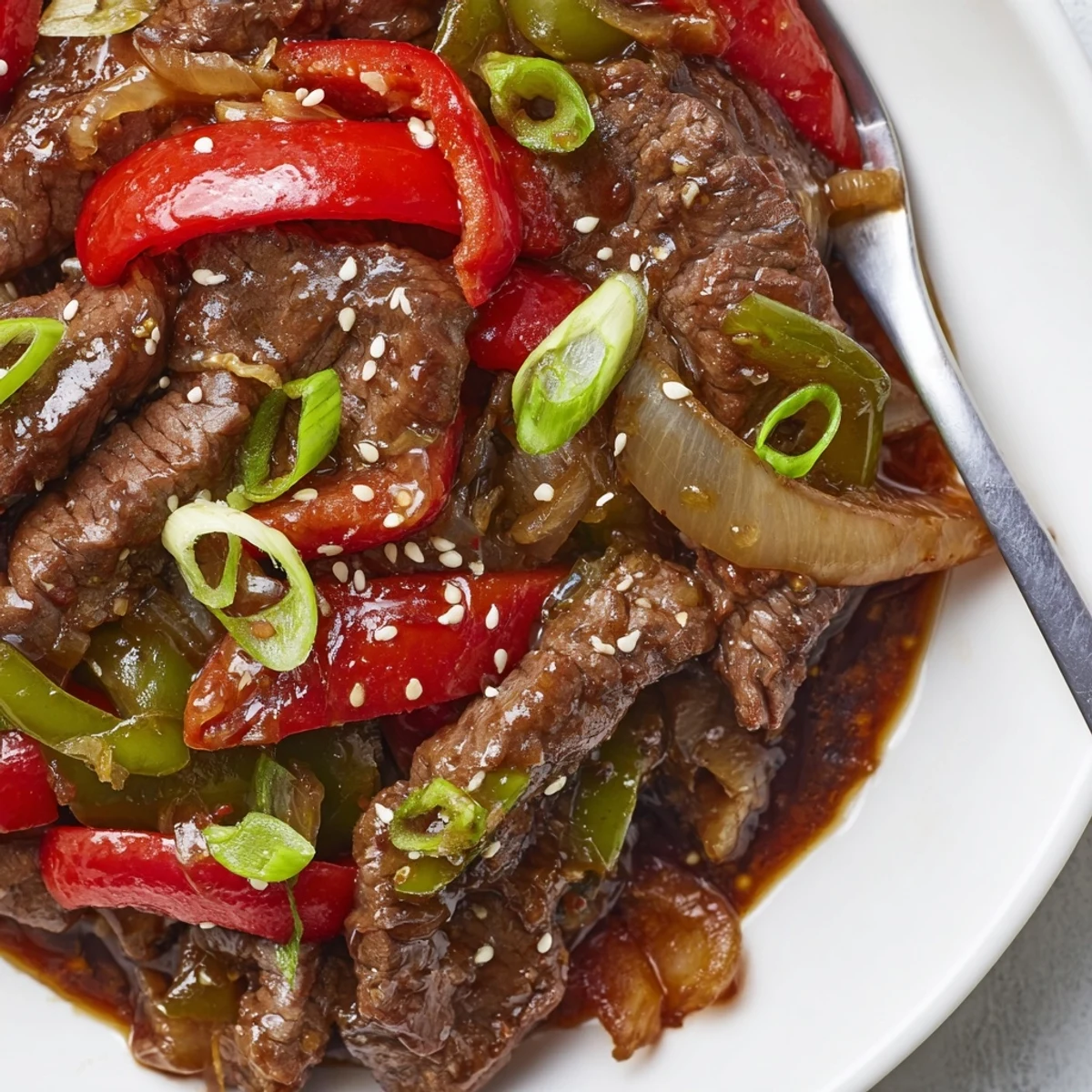 Juicy beef strips and crisp bell peppers glistening in a glossy slow cooker pepper steak sauce.