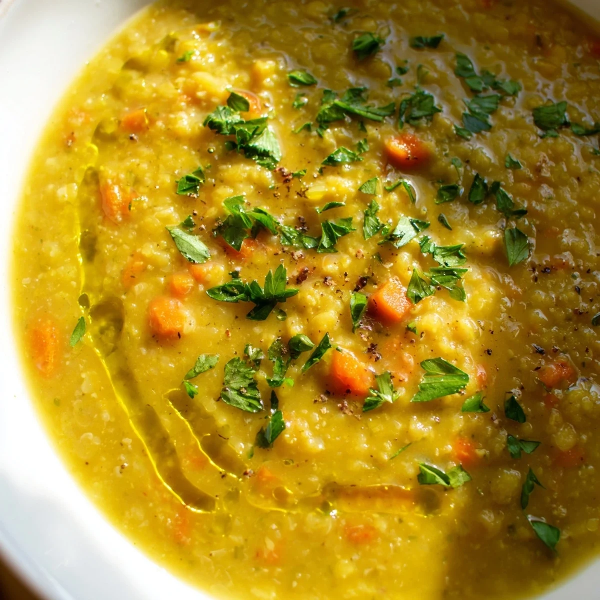 A steaming bowl of lemon lentil soup garnished with fresh parsley and bright lemon wedges.
