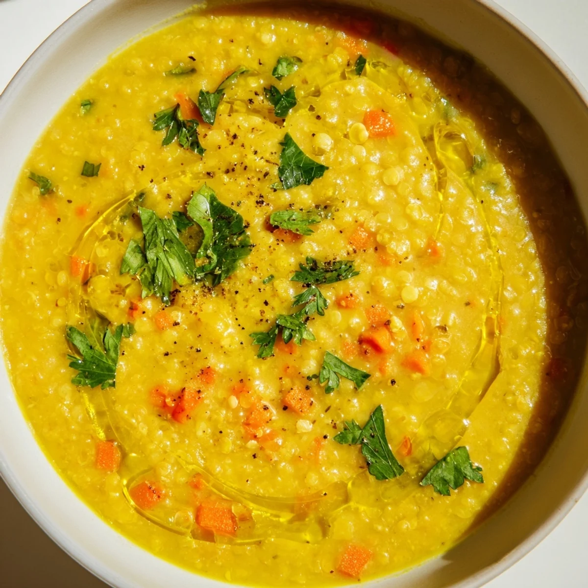 Creamy golden lemon lentil soup topped with a drizzle of olive oil and herbs.