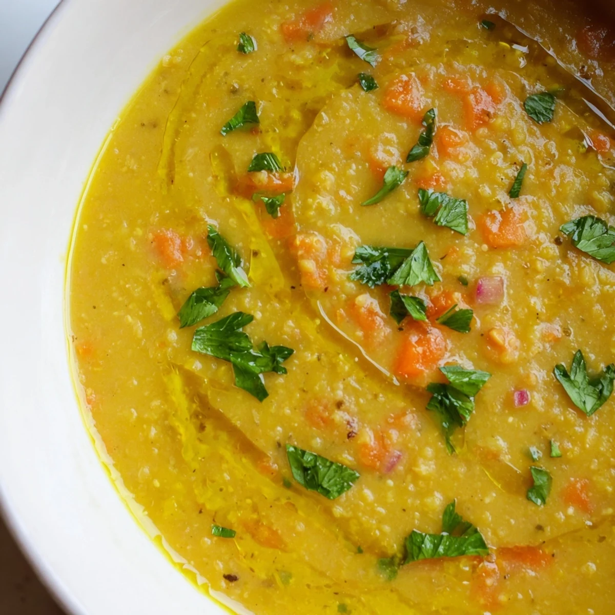Hearty lemon lentil soup ladled into a rustic bowl with crusty bread for dipping.