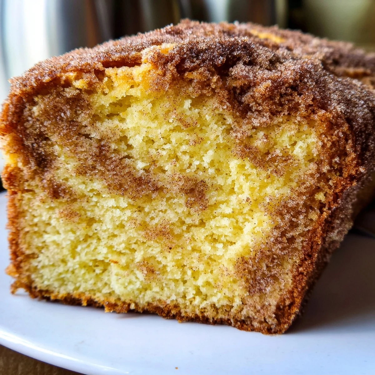 Warm cinnamon donut loaf sliced thick with a golden sugar-crusted top