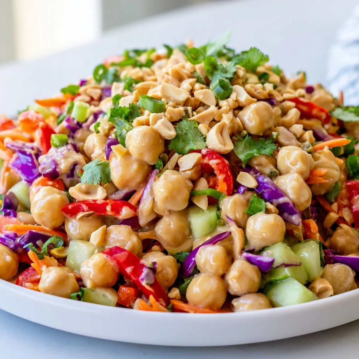 Colorful Crunchy Thai Chickpea Salad tossed with crisp vegetables and creamy peanut dressing