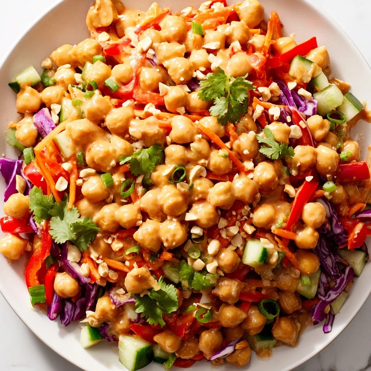 Crunchy Thai Chickpea Salad served in a bowl topped with roasted peanuts and cilantro
