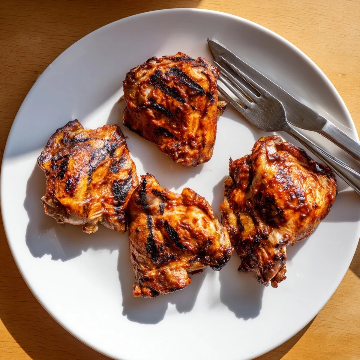 Caramelized barbecue chicken with glossy sauce dripping off crispy grilled skin